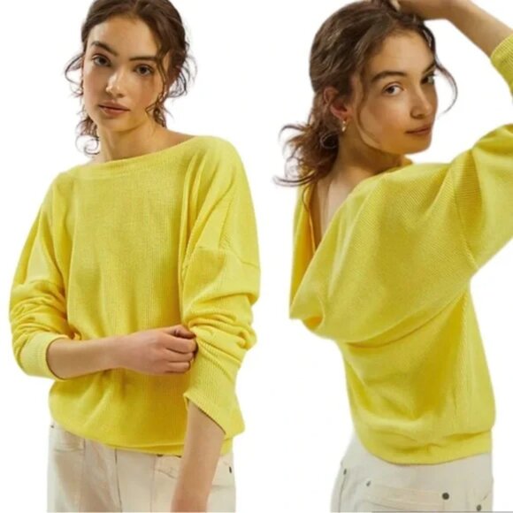 Anthropologie Top Women's Large Maeve Kasi Yellow Ribbed Draped Back - Picture 7 of 7